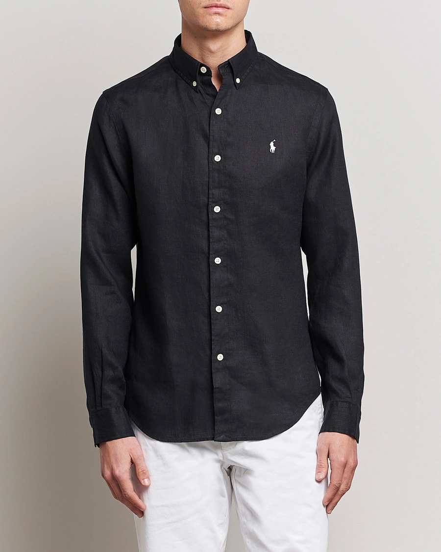 Herren | Preppy Authentic | Polo Ralph Lauren | Slim Fit Linen Button Down Shirt Polo Black