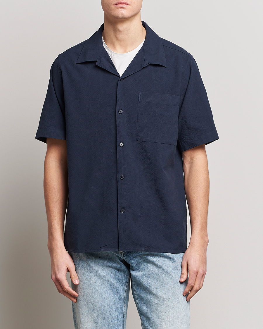 Herren | NN07 | NN07 | Julio Seersucker Short Sleeve Shirt Navy Blue