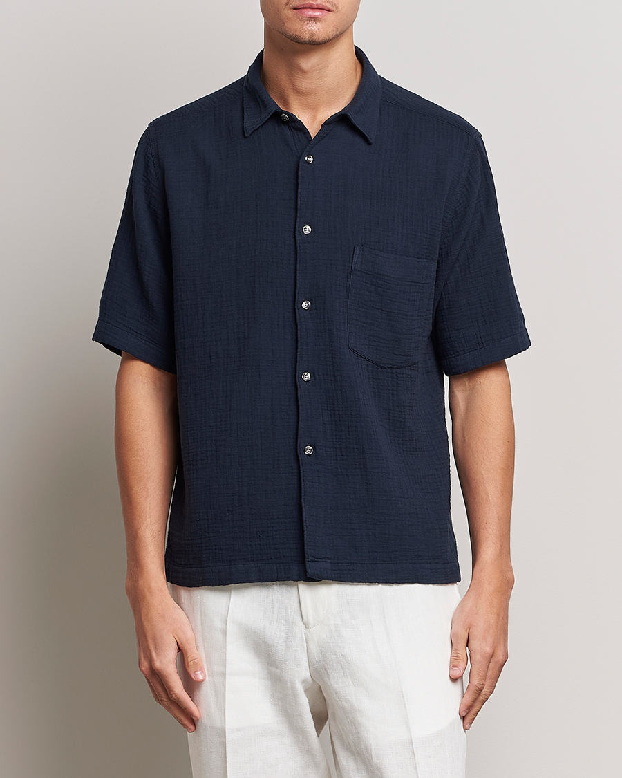Herren |  | Oscar Jacobson | Short Sleeve City Crepe Cotton Shirt Navy