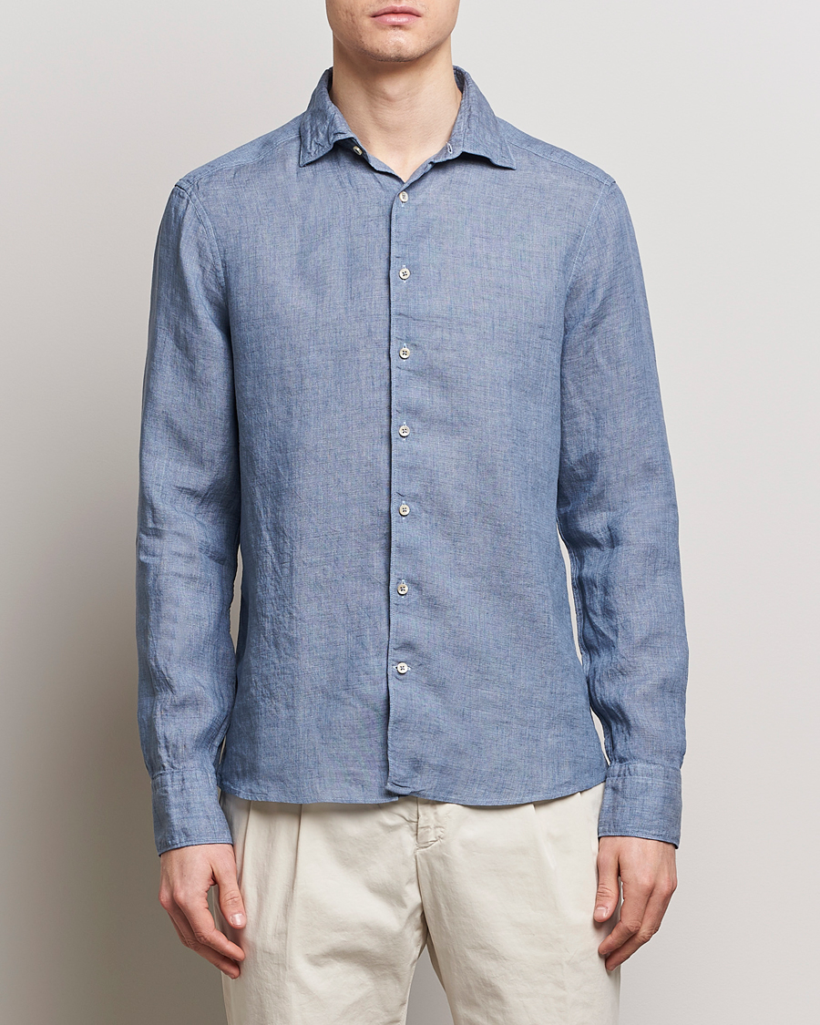 Herren | Hemden | Stenströms | Slimline Cut Away Linen Shirt Steel Blue