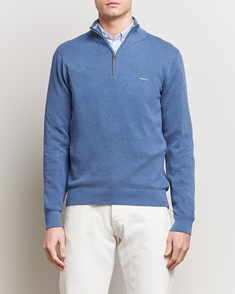 Herren | GANT | GANT | Cotton Pique Half-Zip Sweater Denim Blue Melange