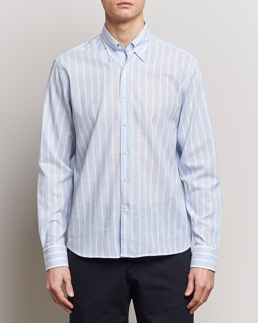 Herren | Business & Beyond | Oscar Jacobson | Regular Fit Striped Linen Shirt Light Blue