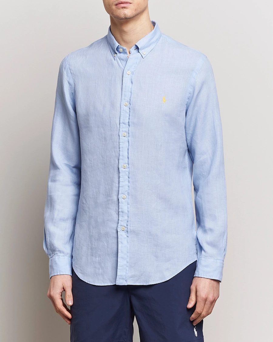 Herren | Preppy Authentic | Polo Ralph Lauren | Slim Fit Linen Button Down Shirt Blue Hyacinth