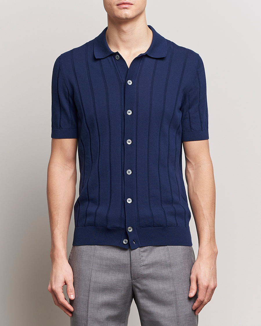 Herr | Italian Department | Gran Sasso | Cotton Structured Knitted Short Sleeve Shirt Light Navy
