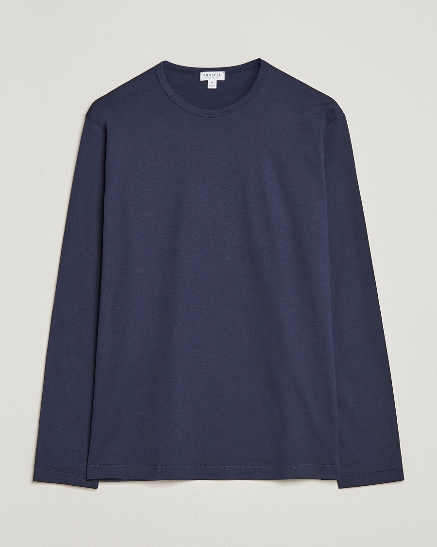Sunspel Long Sleeve Crew Neck Cotton Tee Navy – Blau