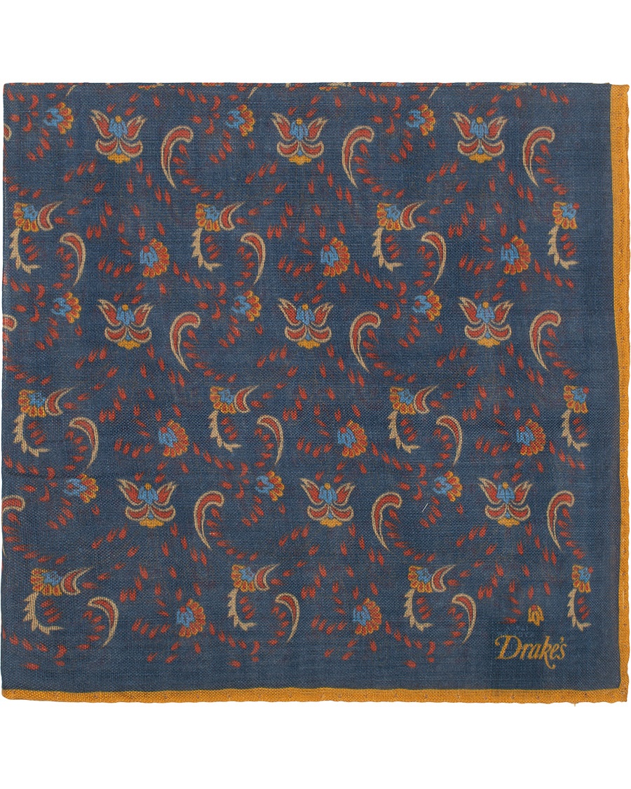  Wool/Silk Printed Flower Pocket Square Blue
