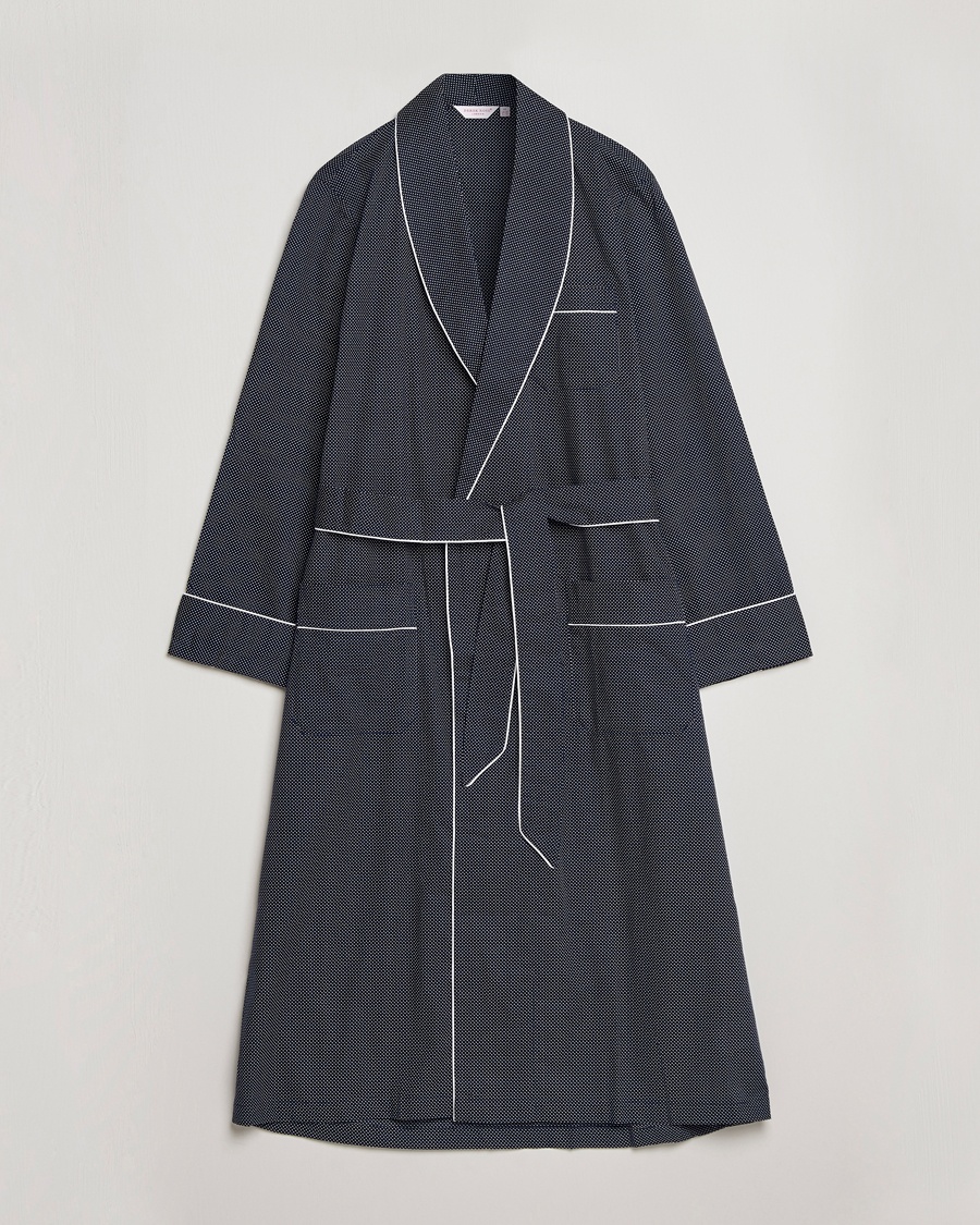 Derek Rose Polka Dot Cotton Satin Dressing Gown Navy – Blau