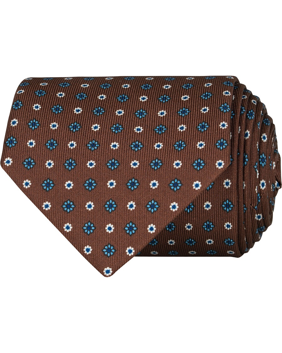  3-Fold Printed Flower 8 cm Silk Tie Dark Brown