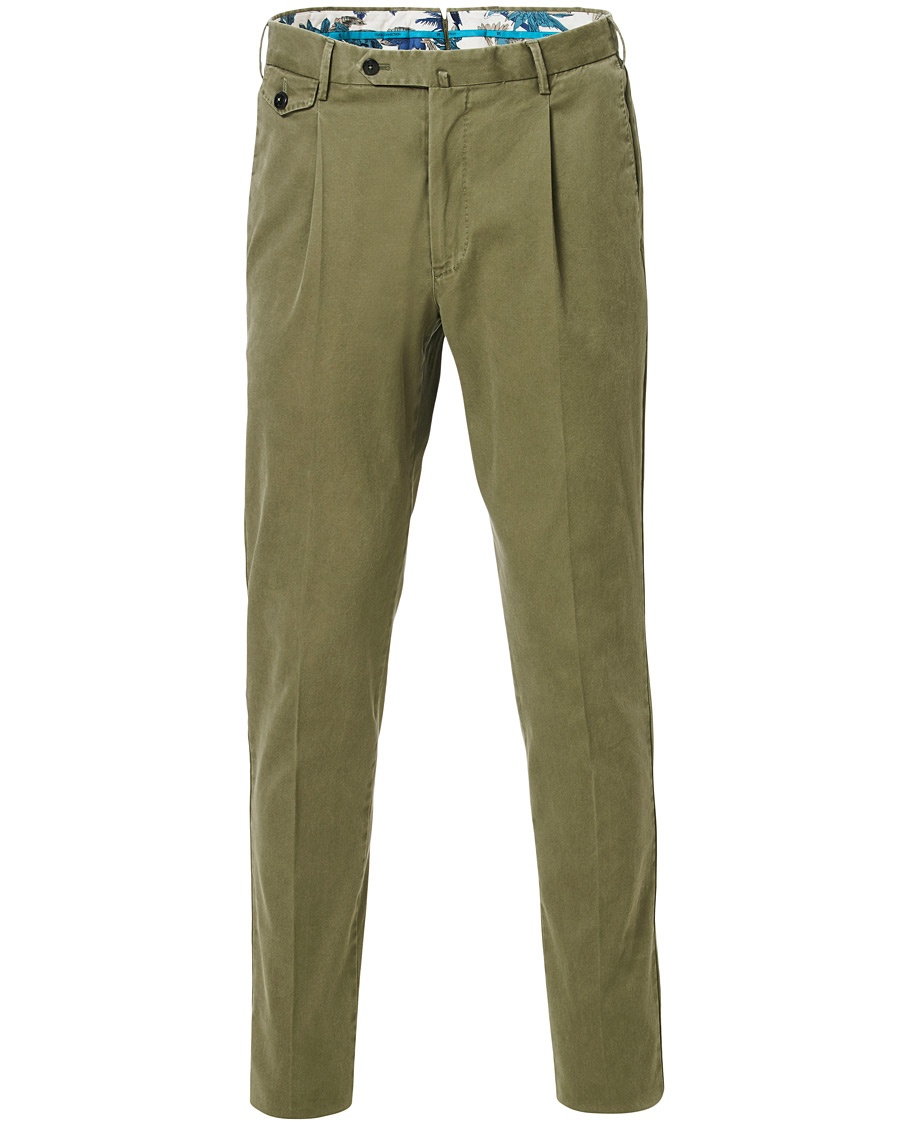  Slim Fit Pleated Cotton Trousers Olive Green