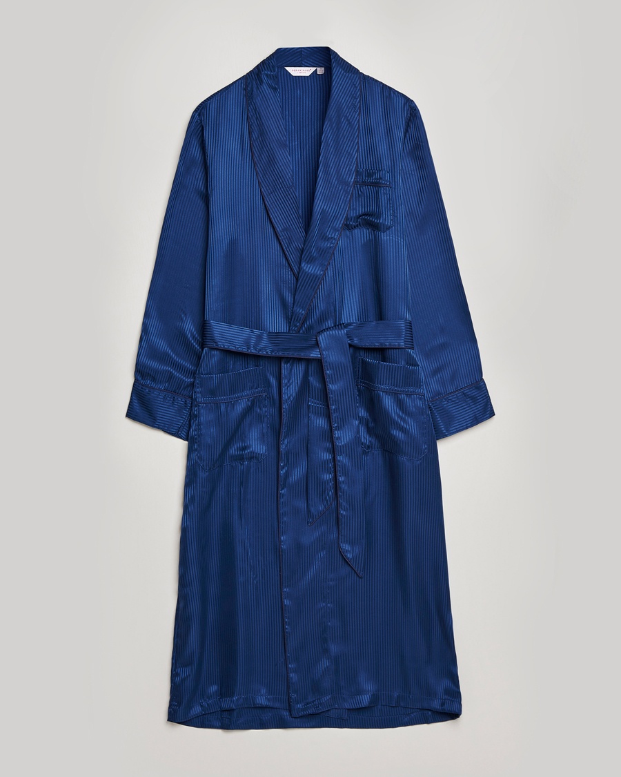 Derek Rose Pure Silk Striped Dressing Gown Navy