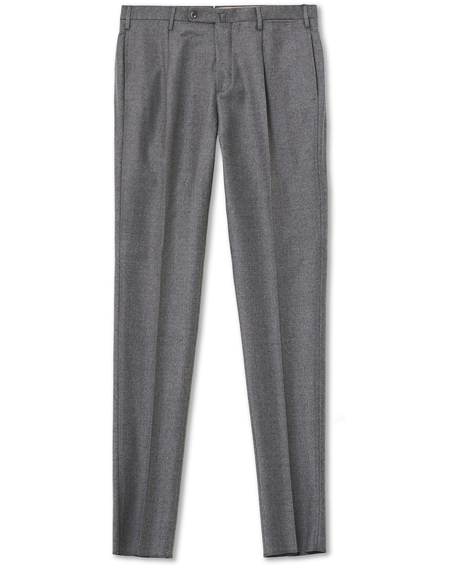  Slim Fit Pleated Flannel Trousers Grey Melange