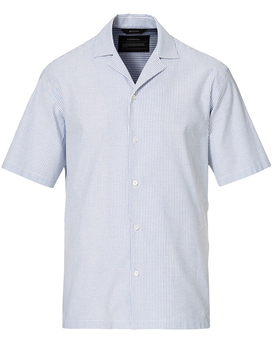 Z Zegna Striped Camp Collar Shirt Light Blue