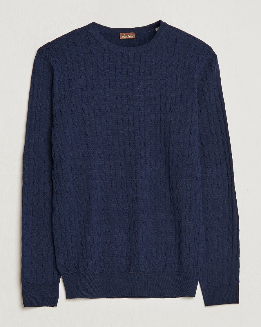 Herren | Stenströms | Stenströms | Merino Cable Crew Neck Navy