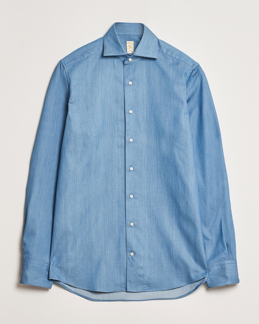 Herren | Alte Produktbilder | Stenströms | 1899 Slim One Piece Collar Cotton Denim Shirt Mid Blue