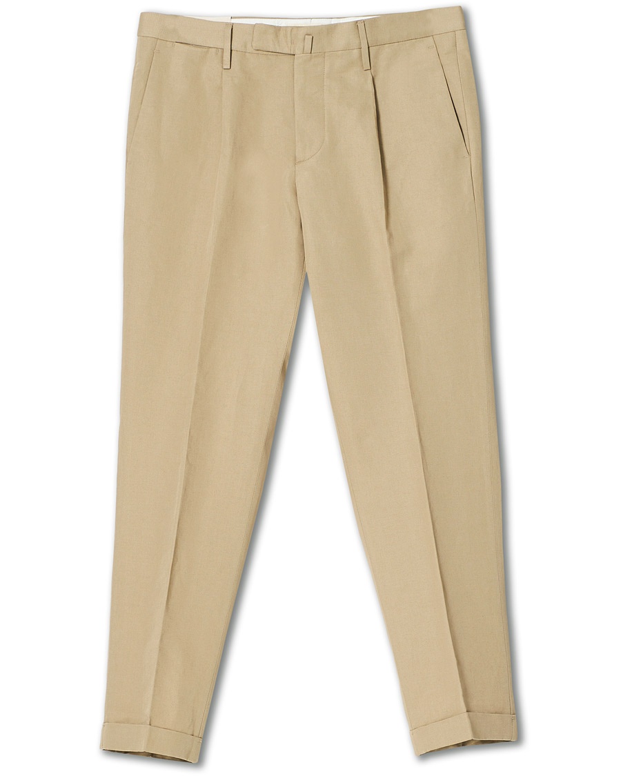  Easy Fit Pleated Linen/Cotton Trousers Beige
