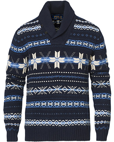  Wool Snowflake Shawl Collar Sweater Navy