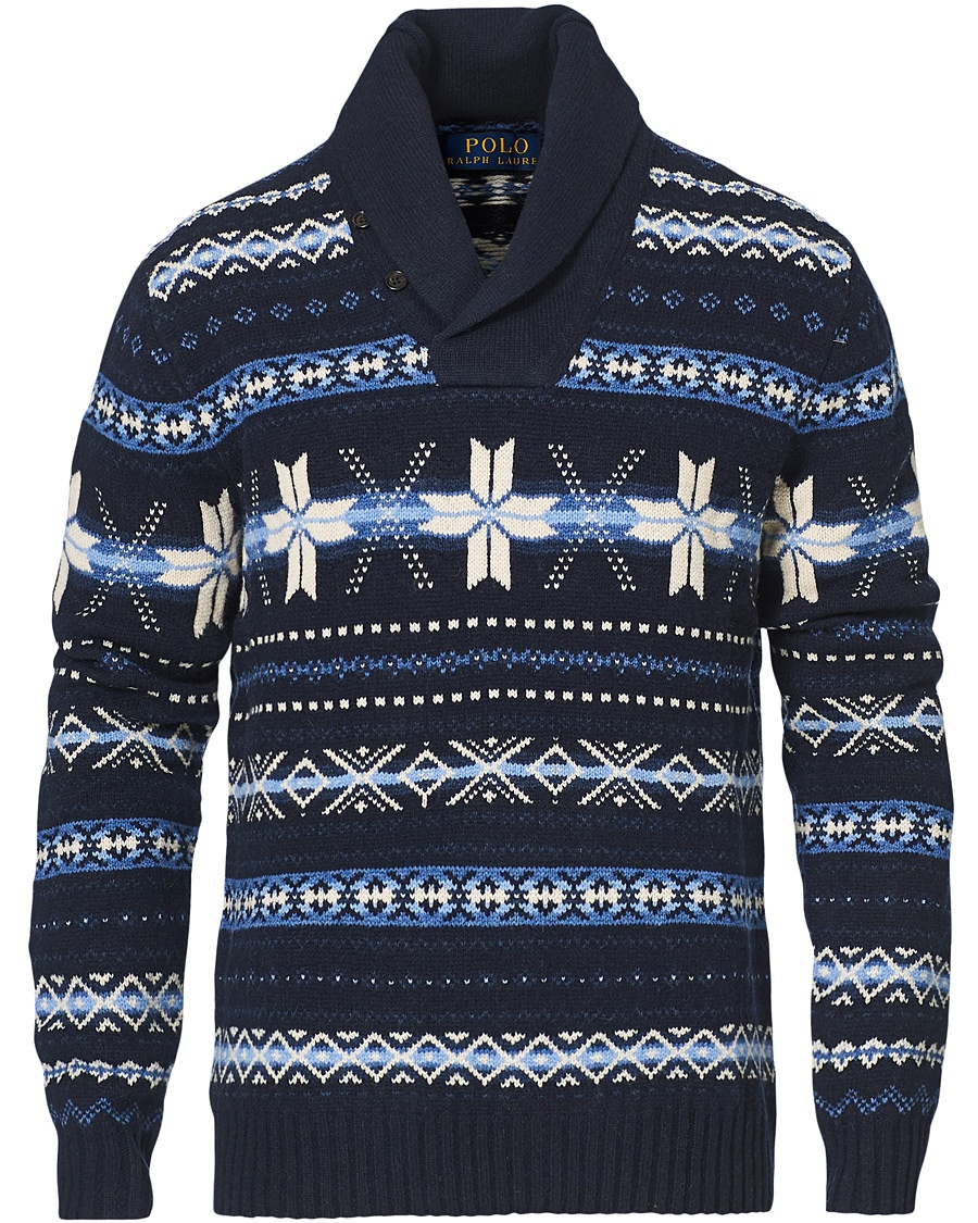  Wool Snowflake Shawl Collar Sweater Navy