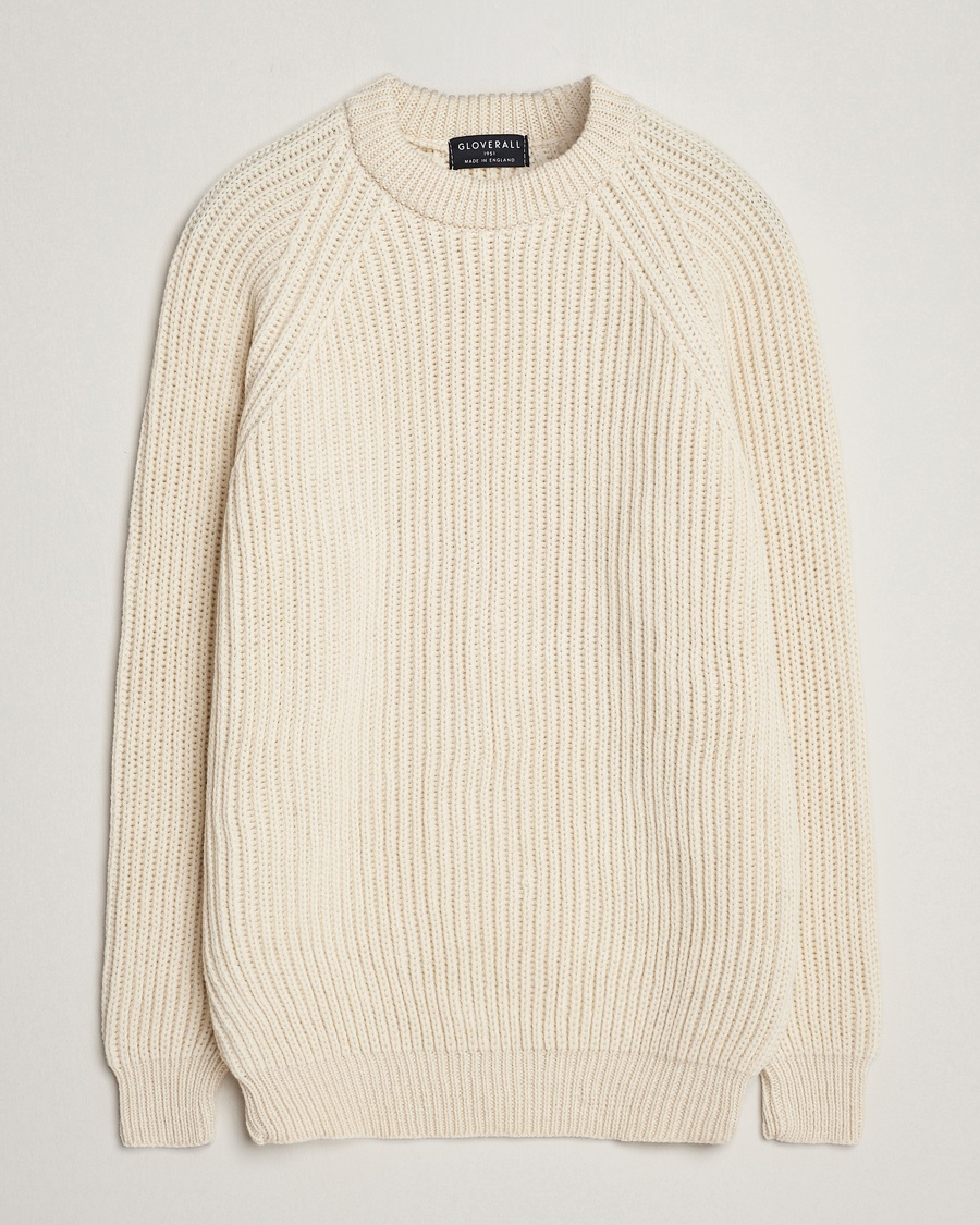 Gloverall Fisherman Rib Chunky Wool Crew Neck Ecru – Beige