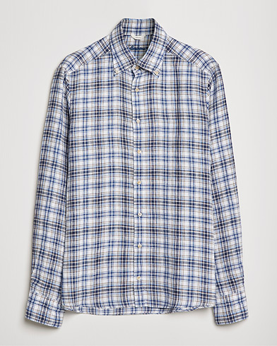 Herren | Leinenhemden | Stenströms | Slimline Cut Away Checked Linen Shirt Blue/Beige