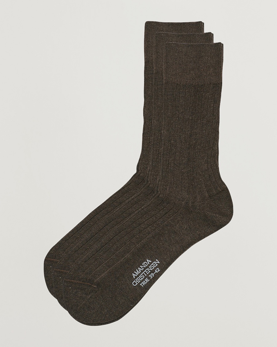 Amanda Christensen 3-Pack True Cotton Ribbed Socks Brown Melange – Braun
