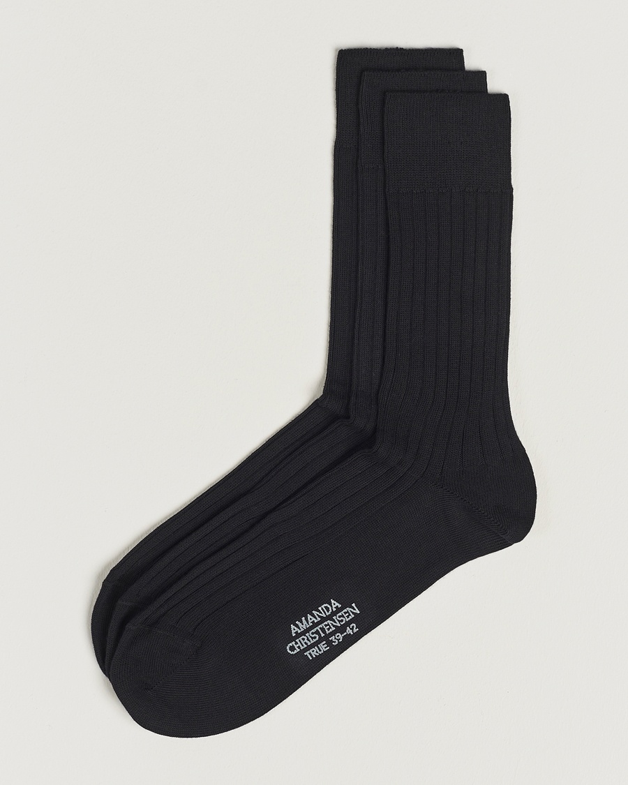 Amanda Christensen 3-Pack True Cotton Ribbed Socks Black – Schwarz