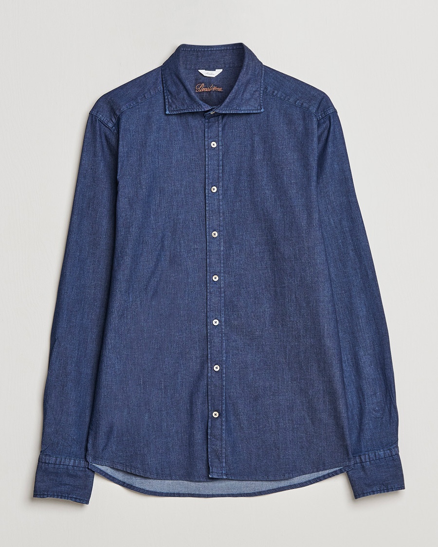 Stenströms Slimline Garment Washed Shirt Dark Denim – Blau