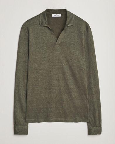 Herren |  | Gran Sasso | Washed Linen Long Sleeve Polo Dark Green