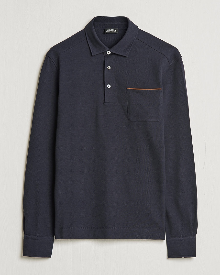 Zegna Long Sleeve Cotton Piquet Polo Navy – Blau