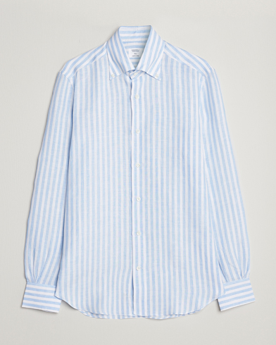 Herren | Leinenhemden | Mazzarelli | Soft Linen Button Down Shirt Light Blue Stripe