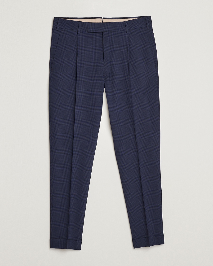 Herren | | PT01 | Slim Fit Pleated Glencheck Wool Trousers Navy