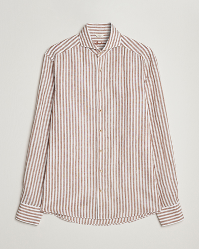 Herren | Hemden | Stenströms | Slimline Cut Away Striped Linen Shirt Brown