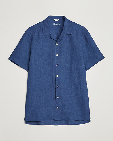 Herren |  | Stenströms | Slimline Short Sleeve Resort Linen Shirt Blue