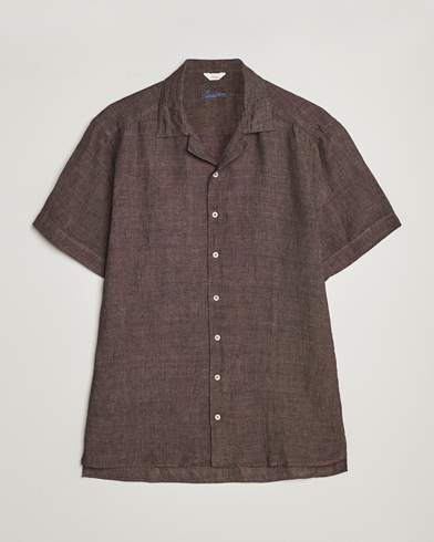 Herren |  | Stenströms | Slimline Short Sleeve Resort Linen Shirt Dark Brown