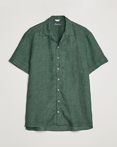 Herren |  | Stenströms | Slimline Short Sleeve Resort Linen Shirt Dark Green