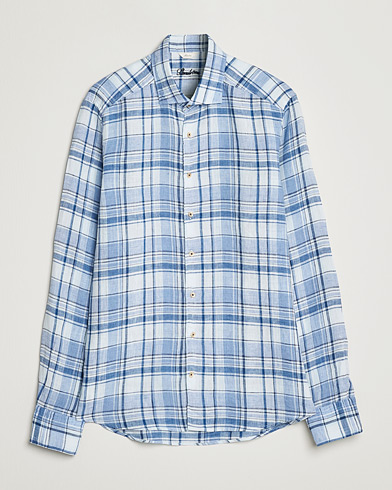 Herren |  | Stenströms | Slimline Cut Away Checked Linen Shirt Blue