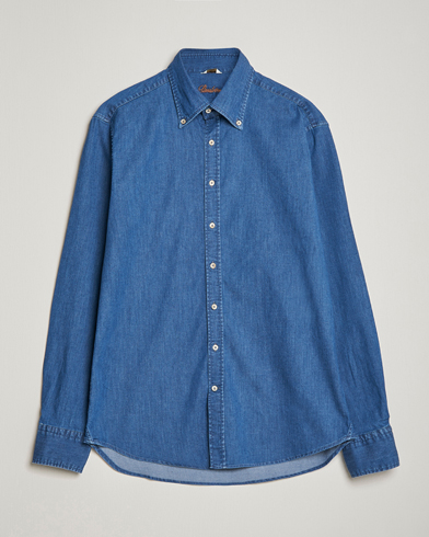 Herren |  | Stenströms | Fitted Body Button Down Garment Washed Shirt Mid Blue Denim