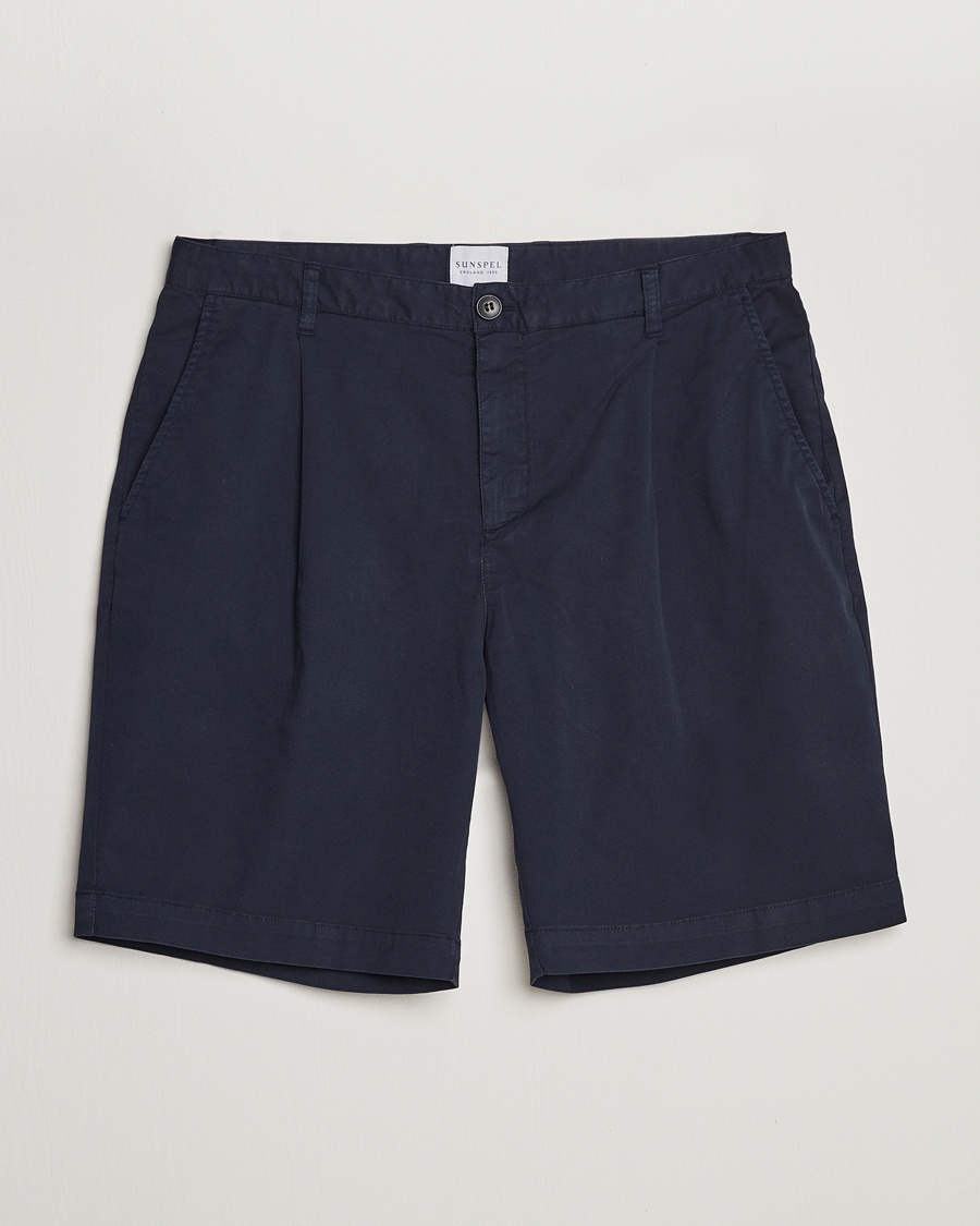  Pleated Stretch Cotton Twill Shorts Navy