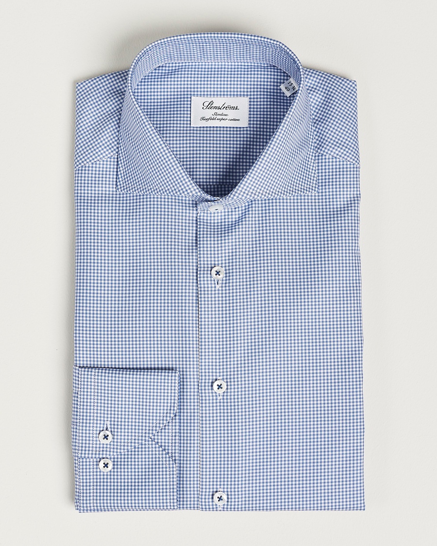 Herren | | Stenströms | Slimline Small Check Cut Away Shirt Blue