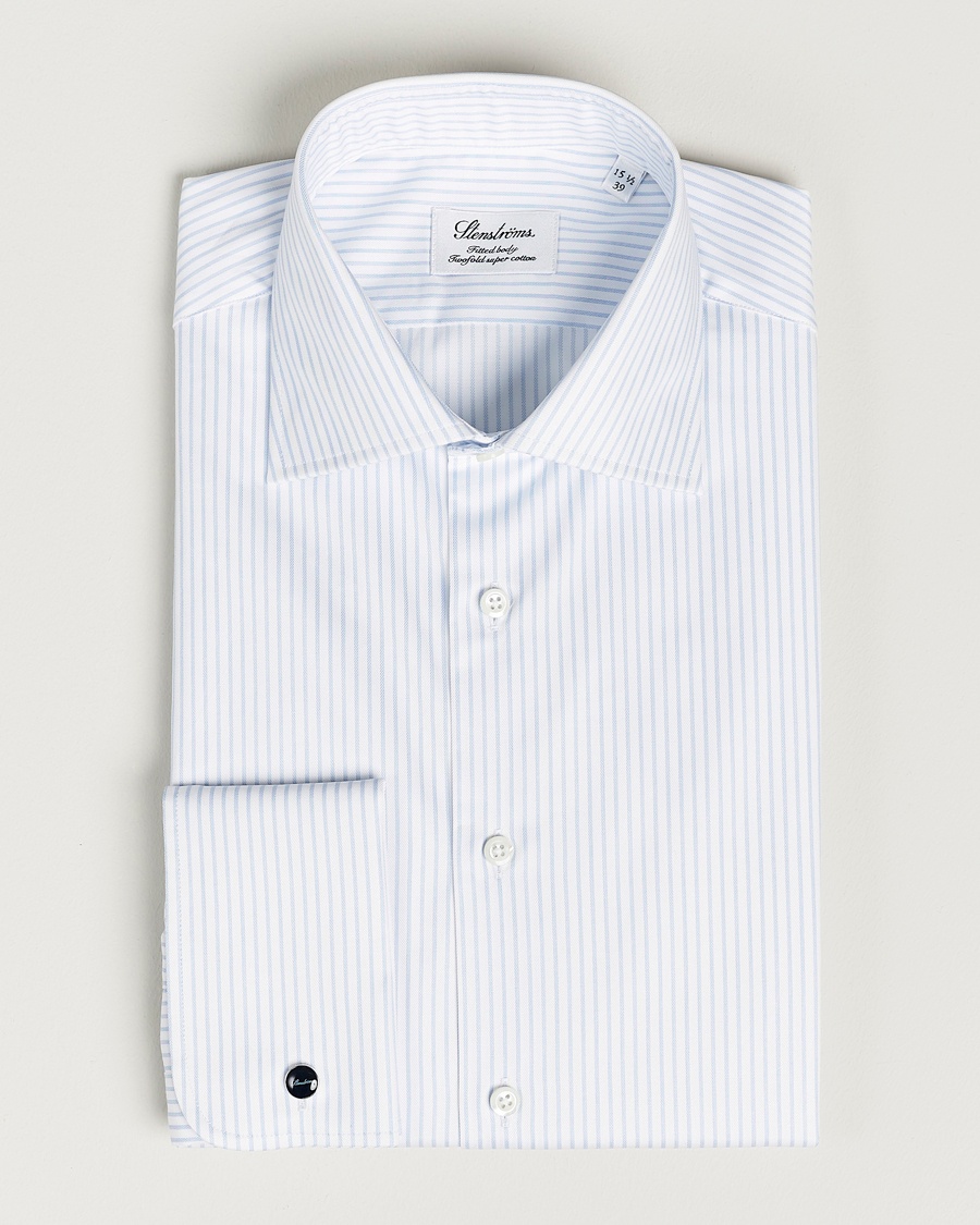 Herren | | Stenströms | Fitted Body Cotton Double Cuff Shirt White/Blue