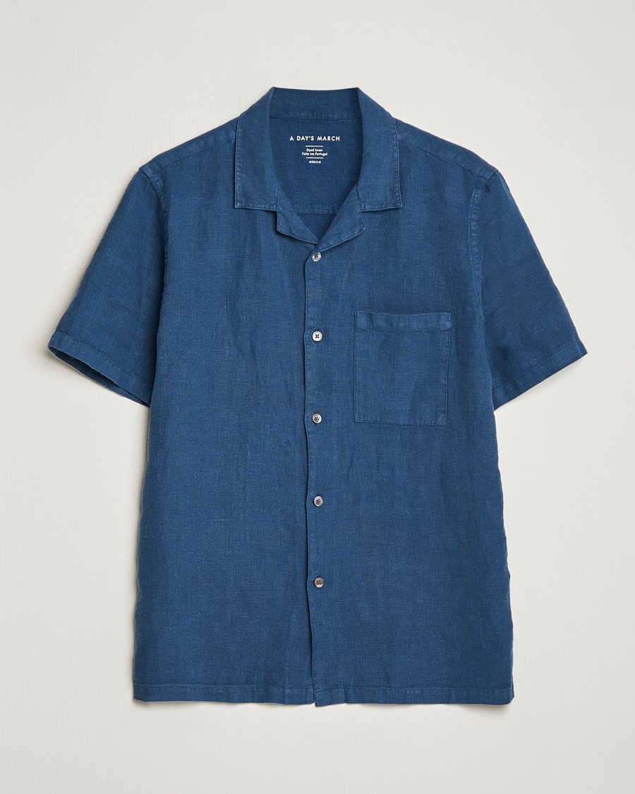 Herren | | A Day's March | Yamu Short Sleeve Linen Shirt Indigo Blue