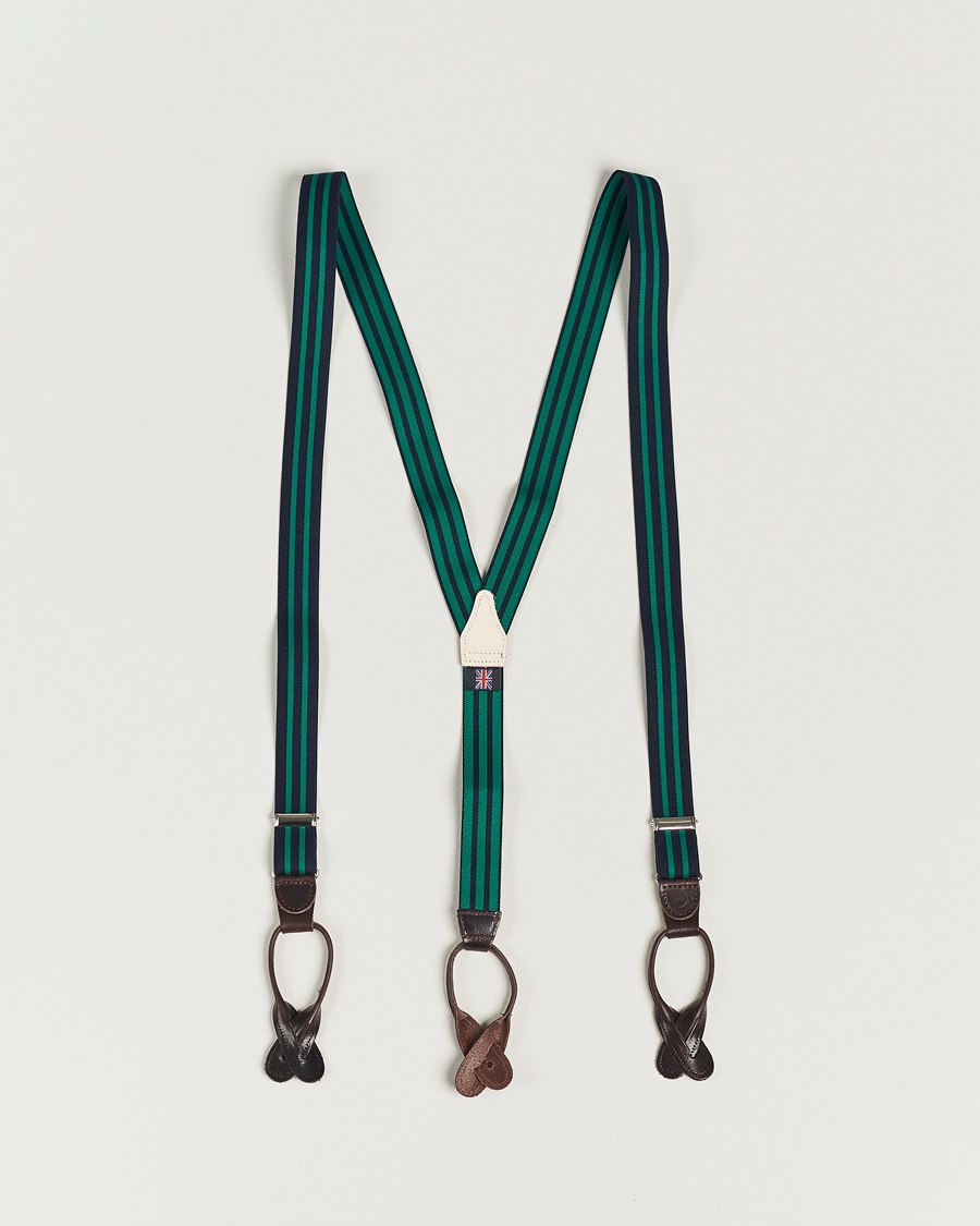Herren | Best of British | Albert Thurston | Elastic Narrow Stripe Braces 25mm Navy/Green