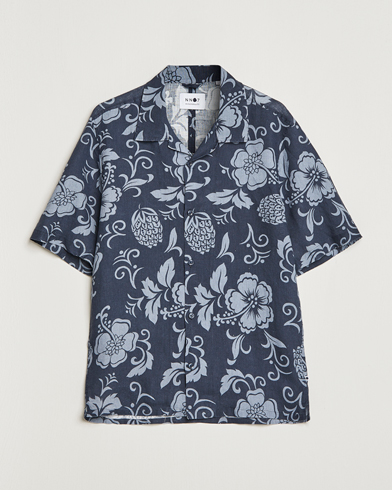 Herren |  | NN07 | Ole Short Sleeve Printed Linen Shirt Navy