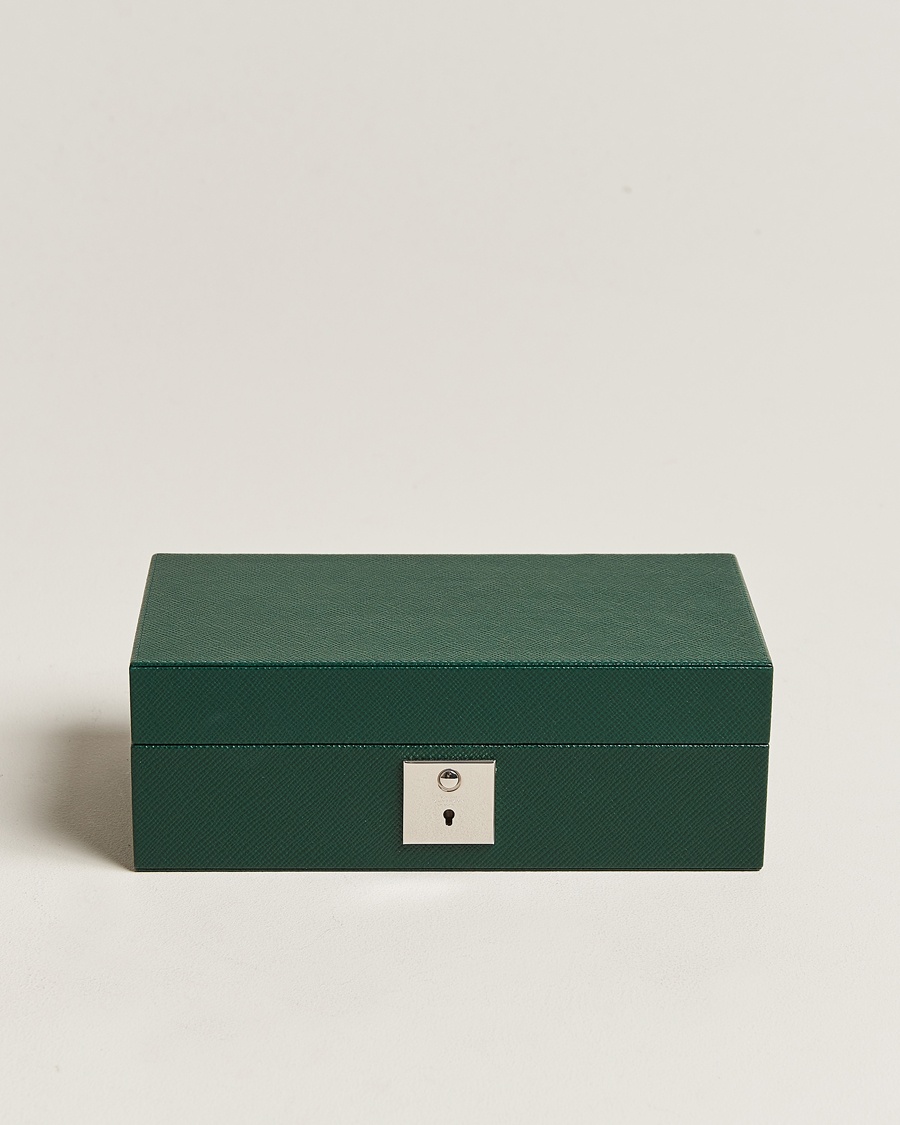 Smythson Panama Lockable Watch And Cufflink Box Forest Green