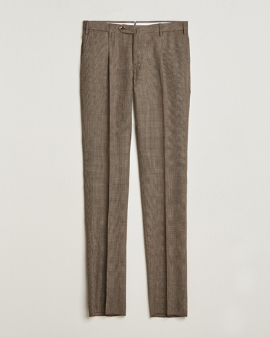 Herren |  | PT01 | Slim Fit Pleated Houndstooth Trousers Light Brown