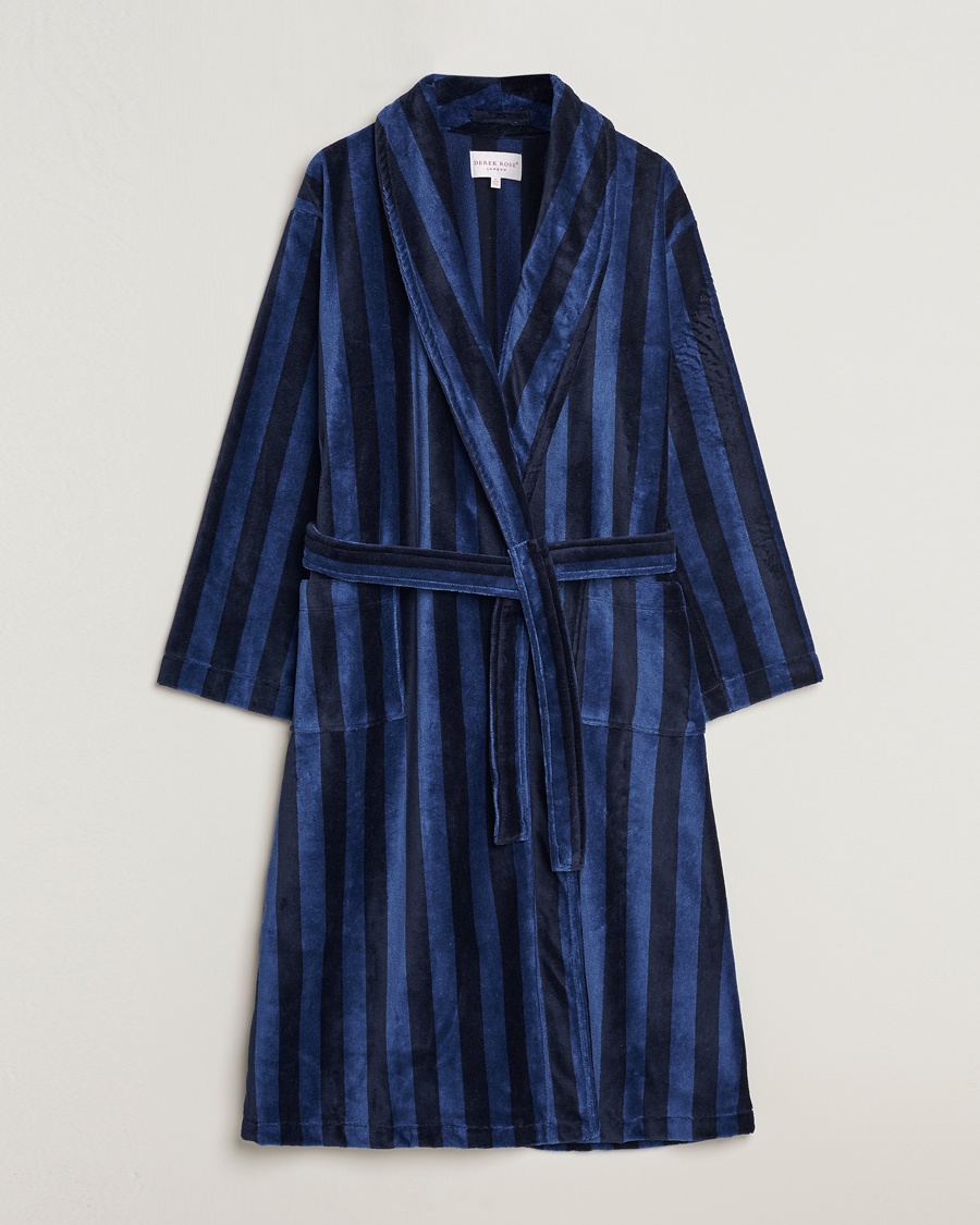 Derek Rose Striped Cotton Velour Gown Navy – Blau
