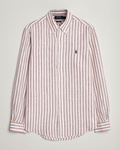  Custom Fit Striped Linen Shirt Khaki/White