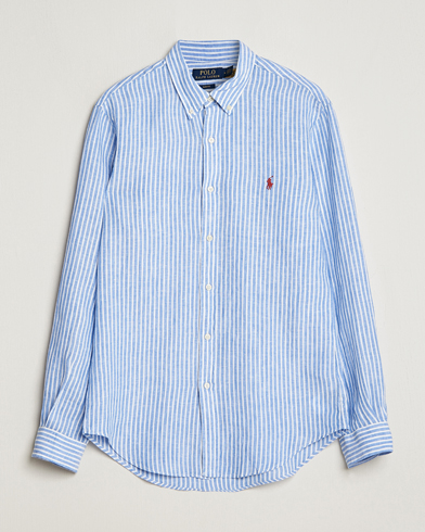  Slim Fit Striped Button Down Linen Shirt Blue/White