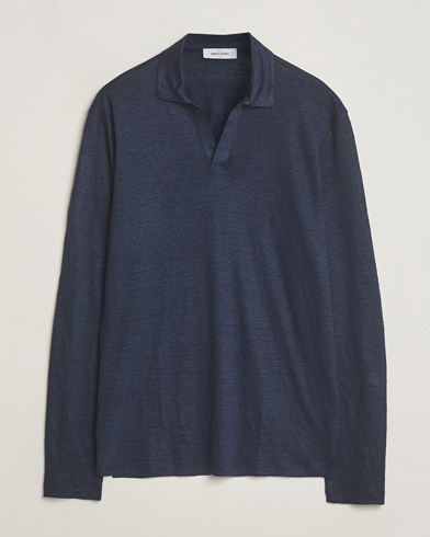 Herren | Langarm-Poloshirts | Gran Sasso | Washed Linen Long Sleeve Polo Navy
