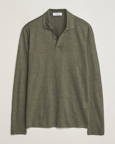Herren | Langarm-Poloshirts | Gran Sasso | Washed Linen Long Sleeve Polo Dark Green Melange