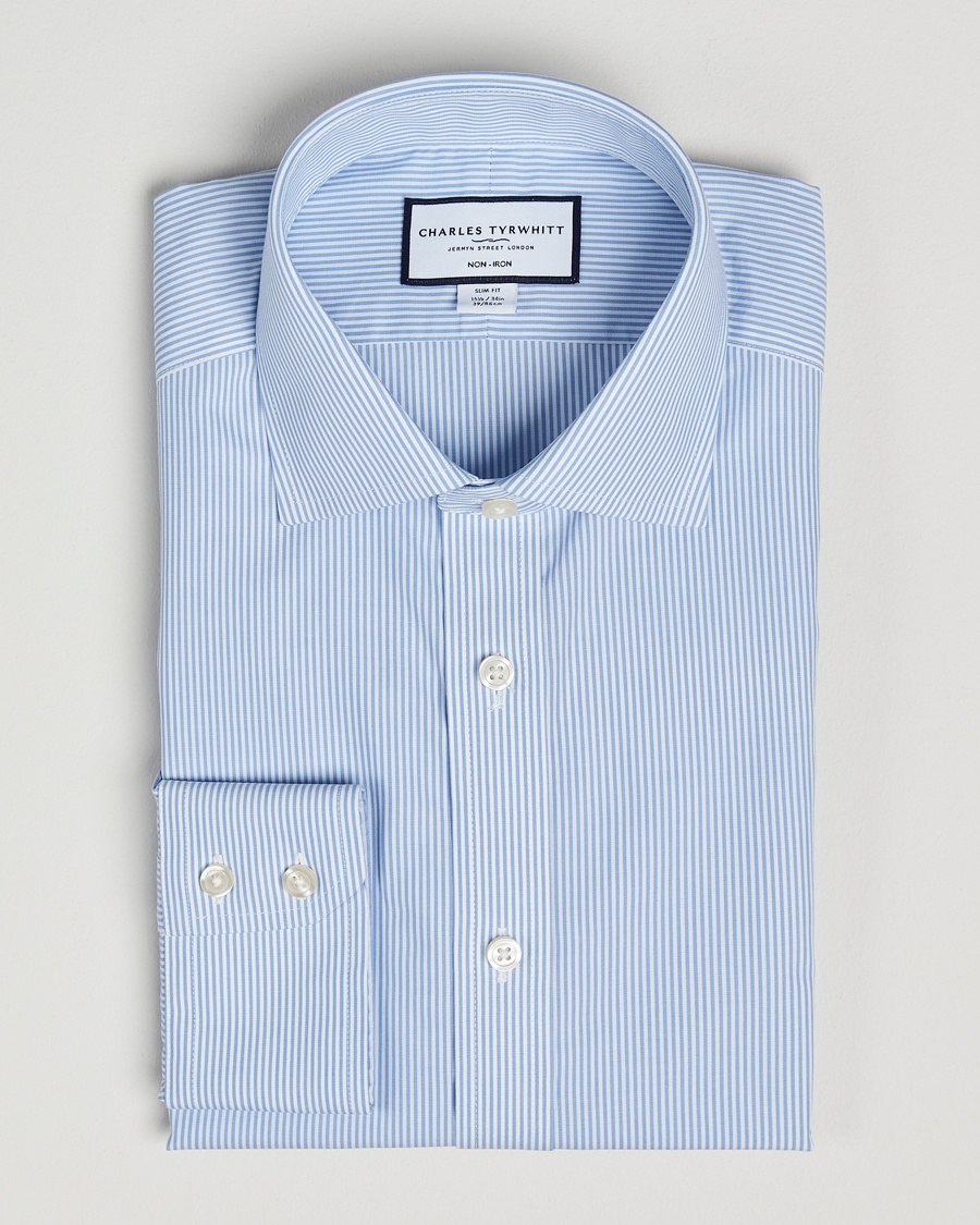 Charles Tyrwhitt Slim Fit Non Iron Bengal Stripe Poplin Shirt Sky Blue – Blau